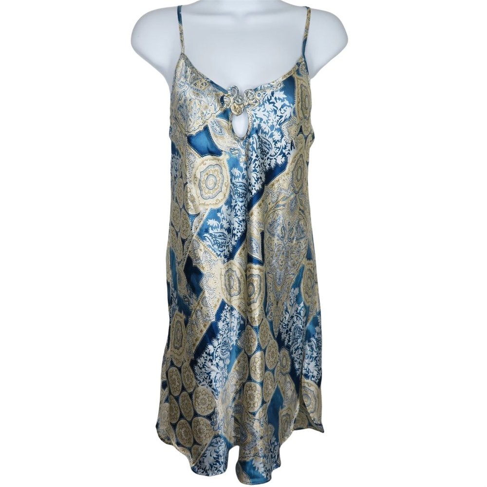 Vintage Inner Most Slip Nightgown M Blue Beige Floral Low Back Intimate USA